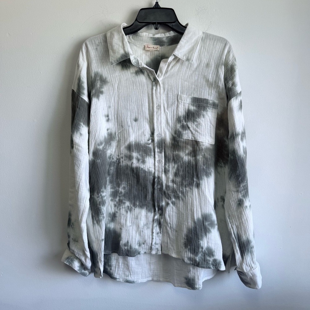 Hem & Thread Gray White Tie Dye Crinkle Gauze Top Large Boho 100% Cotton